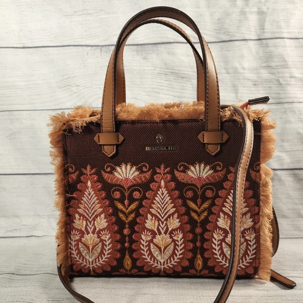 Spartina 449 Brown Canvas Embroidered Floral Fringe Crossbody Satchel Bag